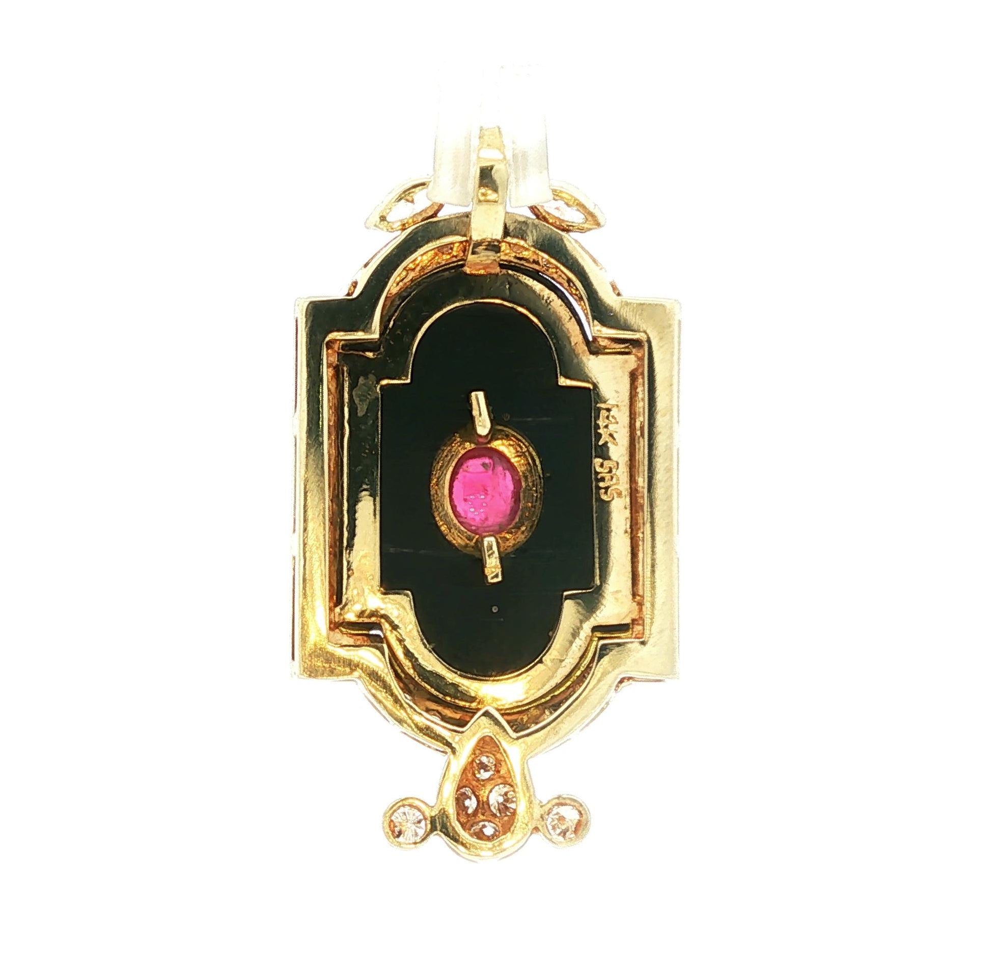 Vintage 14k yellow gold Black Onyx, Cab Ruby and Diamond Pendant