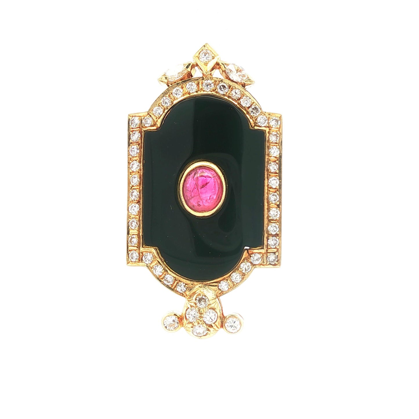 Vintage 14k yellow gold Black Onyx, Cab Ruby and Diamond Pendant