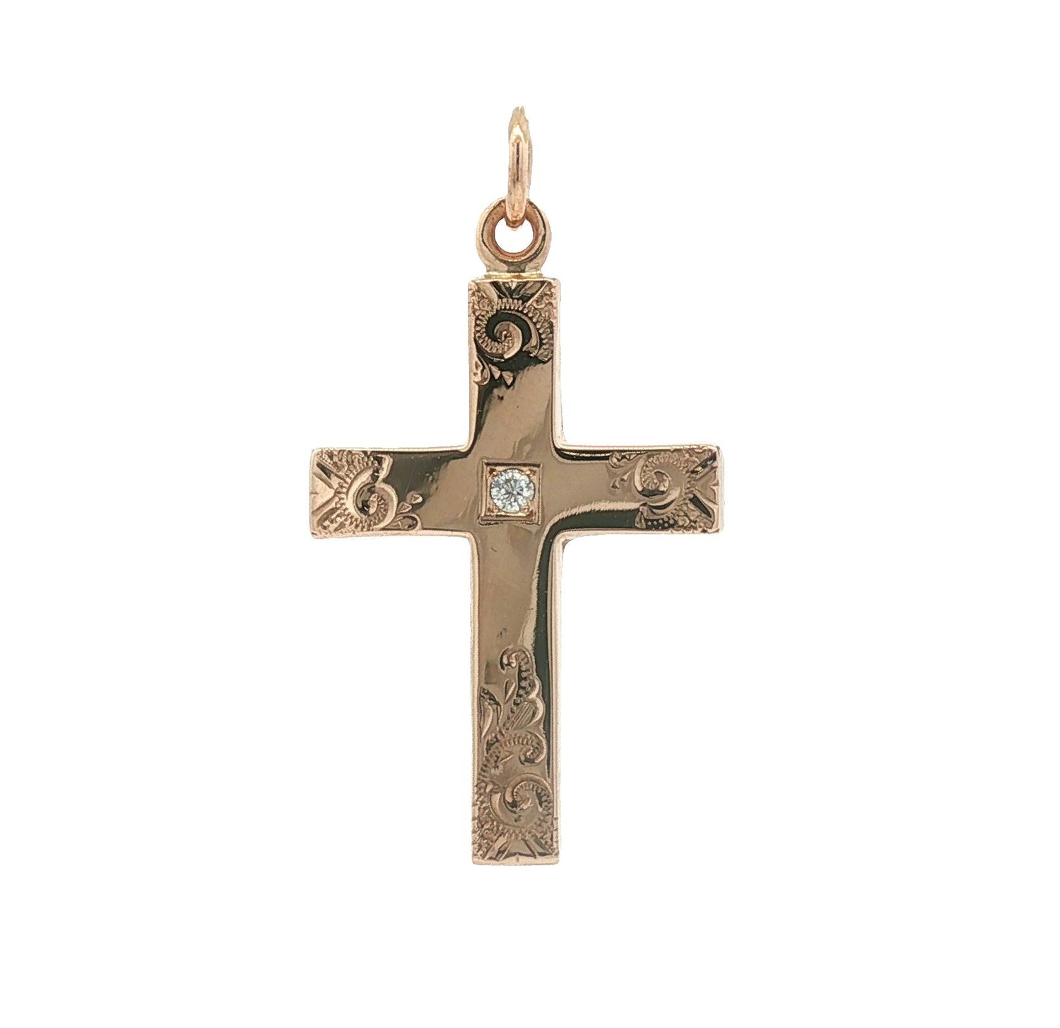 Victorian 9k rose gold Engraved Cross with a Center Diamond