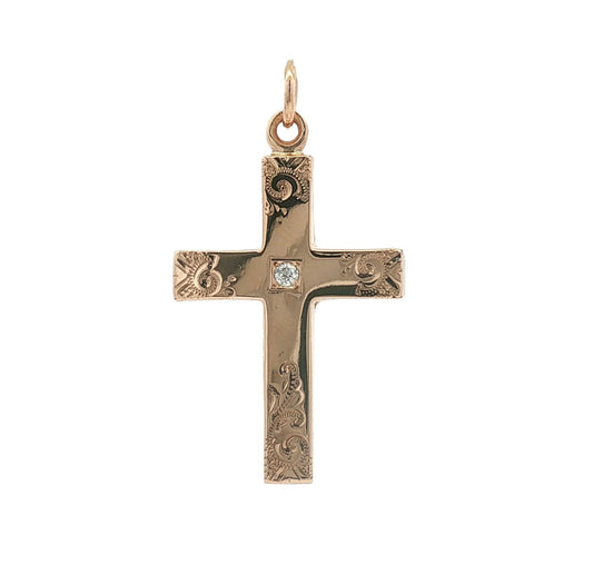 Victorian 9k rose gold Engraved Cross with a Center Diamond