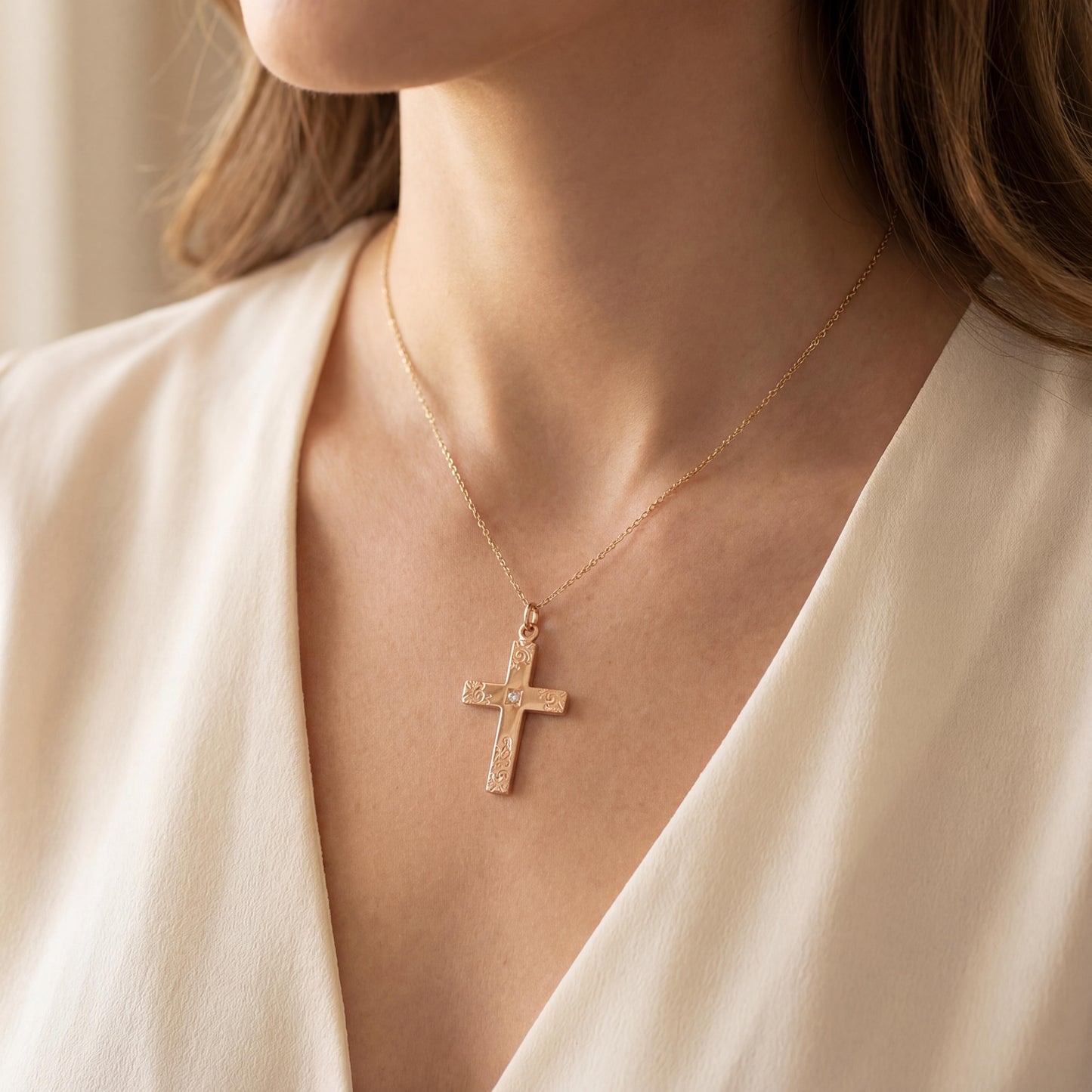 Victorian 9k rose gold Engraved Cross with a Center Diamond