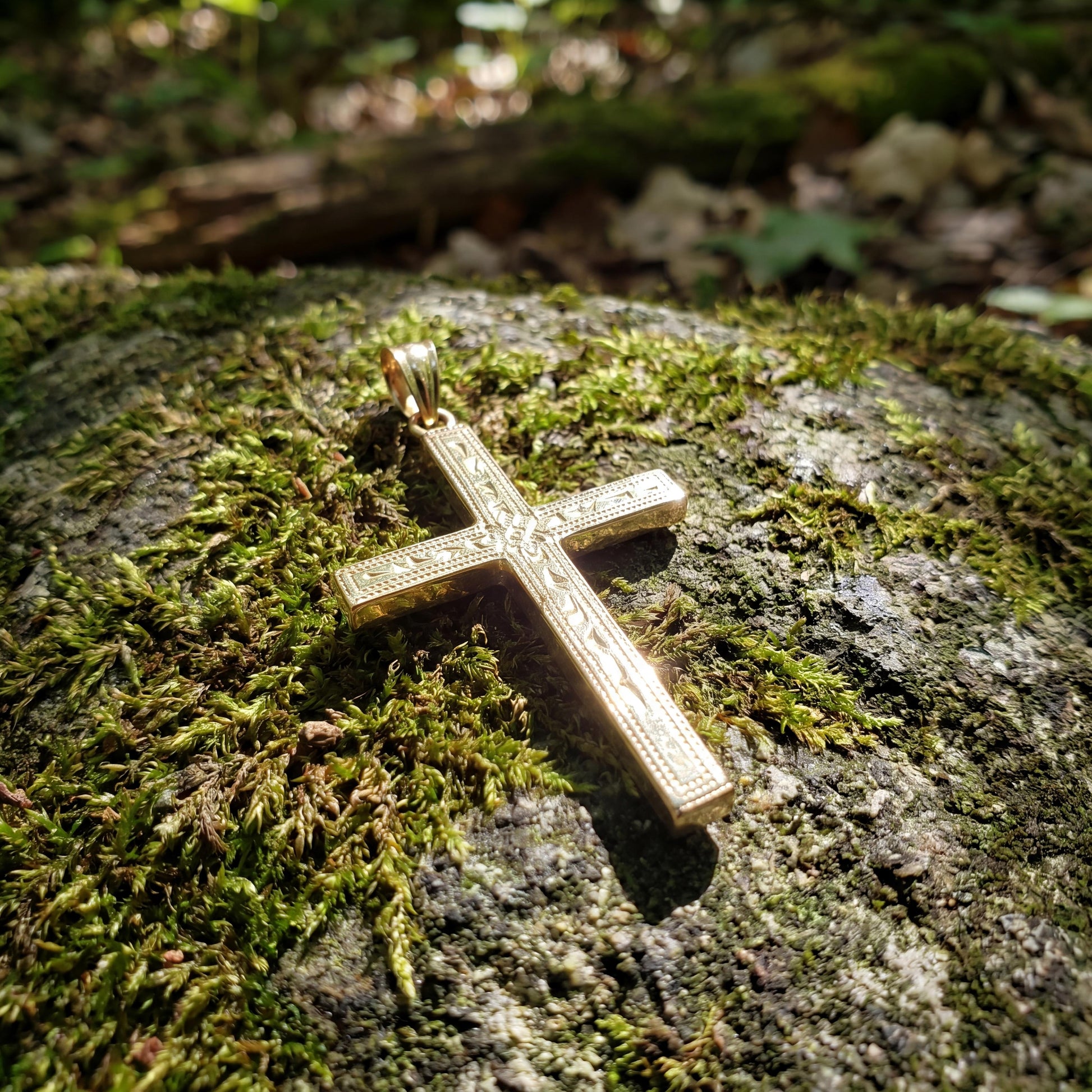 Mid-Century 14k Yellow Gold Engraved Cross