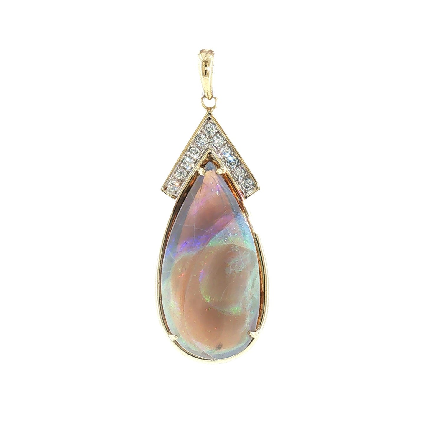 Mid Century 14k Two Tone Grey Based Opal and Diamond Pendant