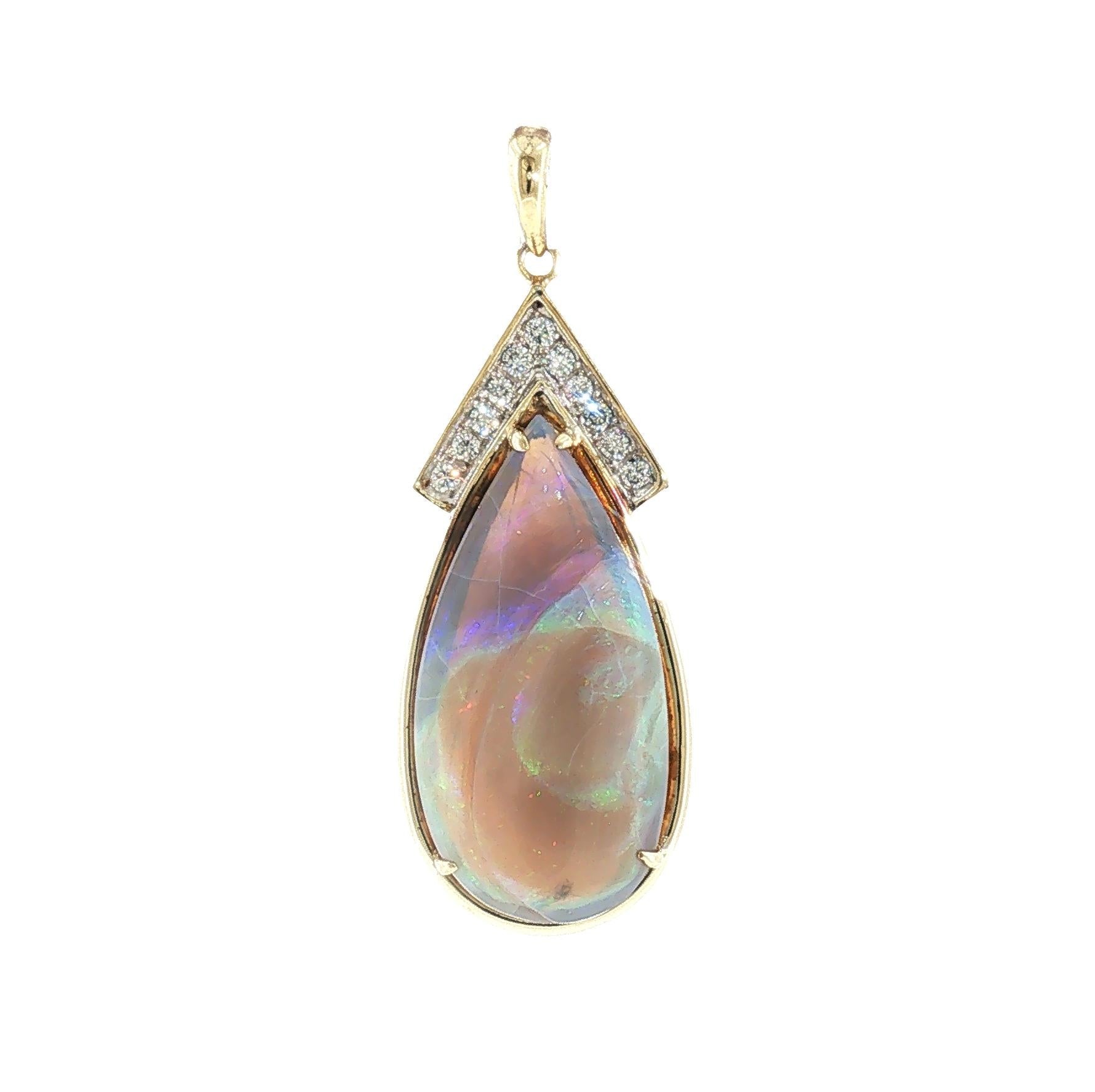 Mid Century 14k Two Tone Grey Based Opal and Diamond Pendant