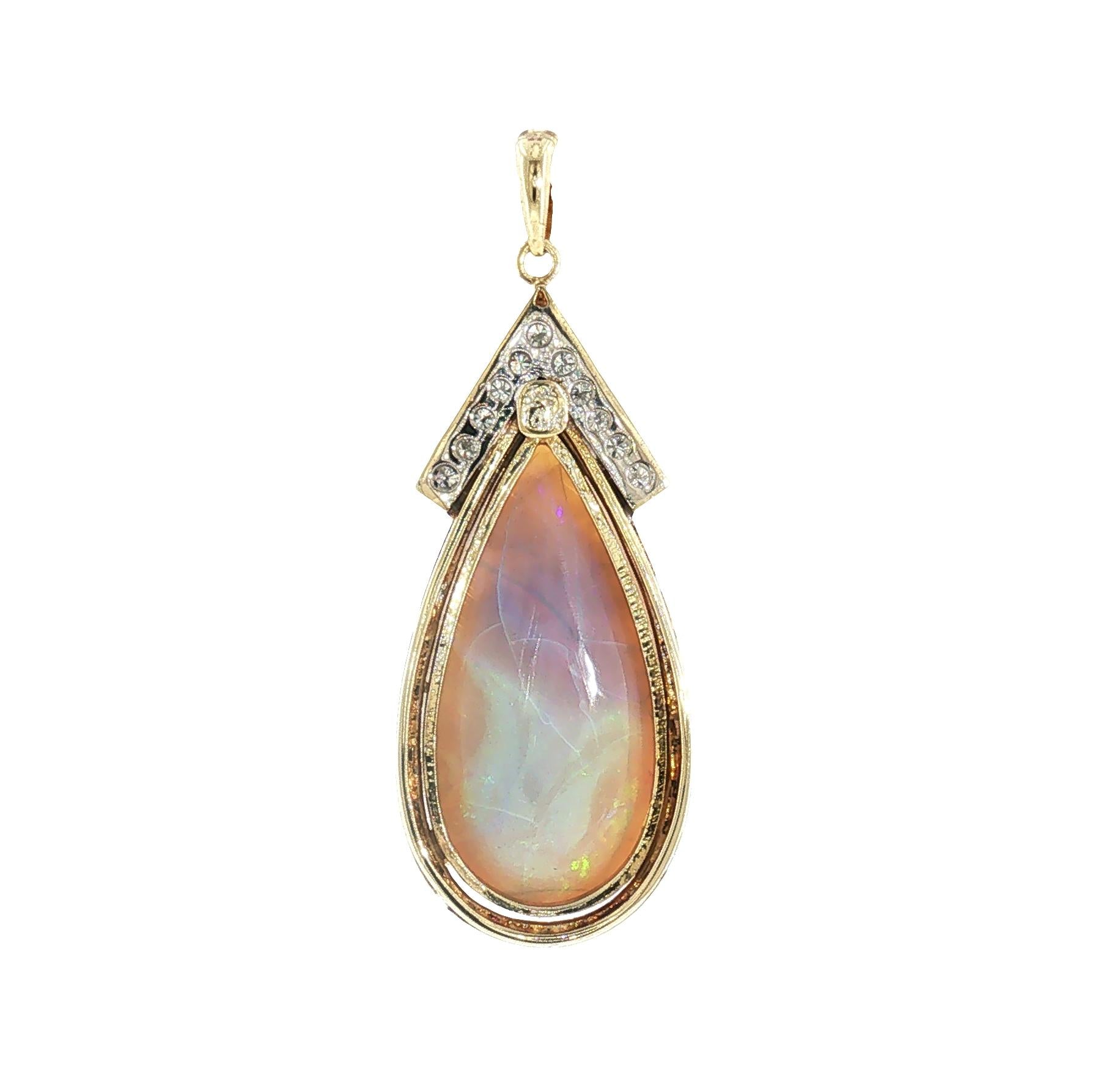 Mid Century 14k Two Tone Grey Based Opal and Diamond Pendant