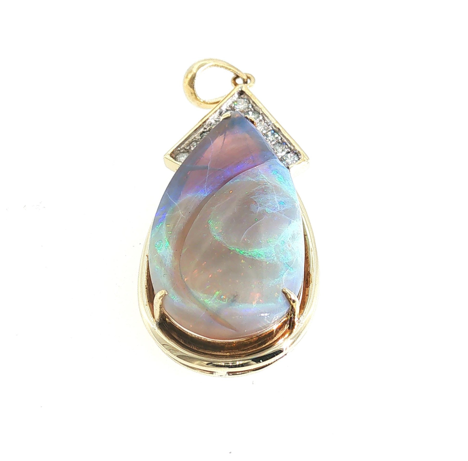 Mid Century 14k Two Tone Grey Based Opal and Diamond Pendant