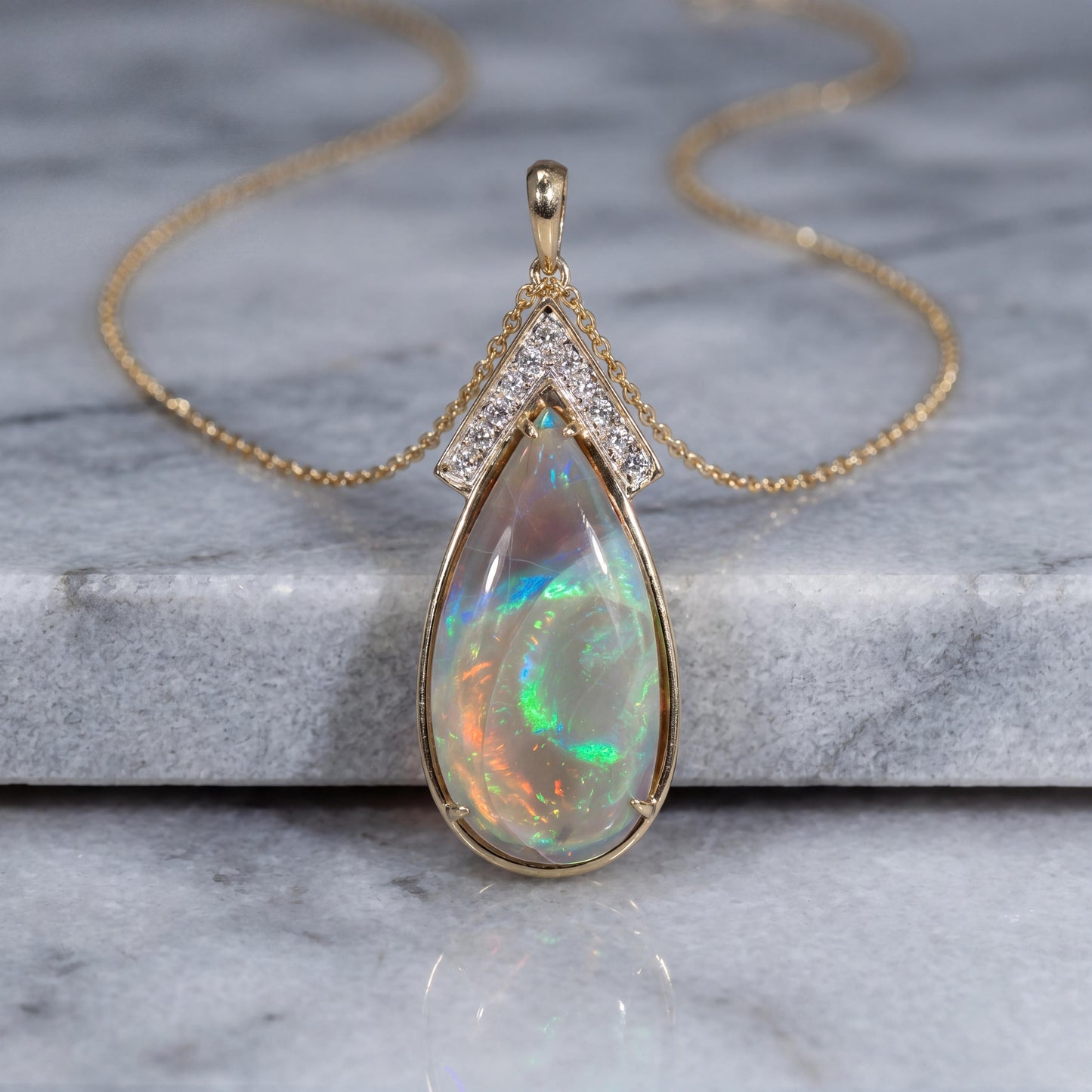 Mid Century 14k Two Tone Grey Based Opal and Diamond Pendant