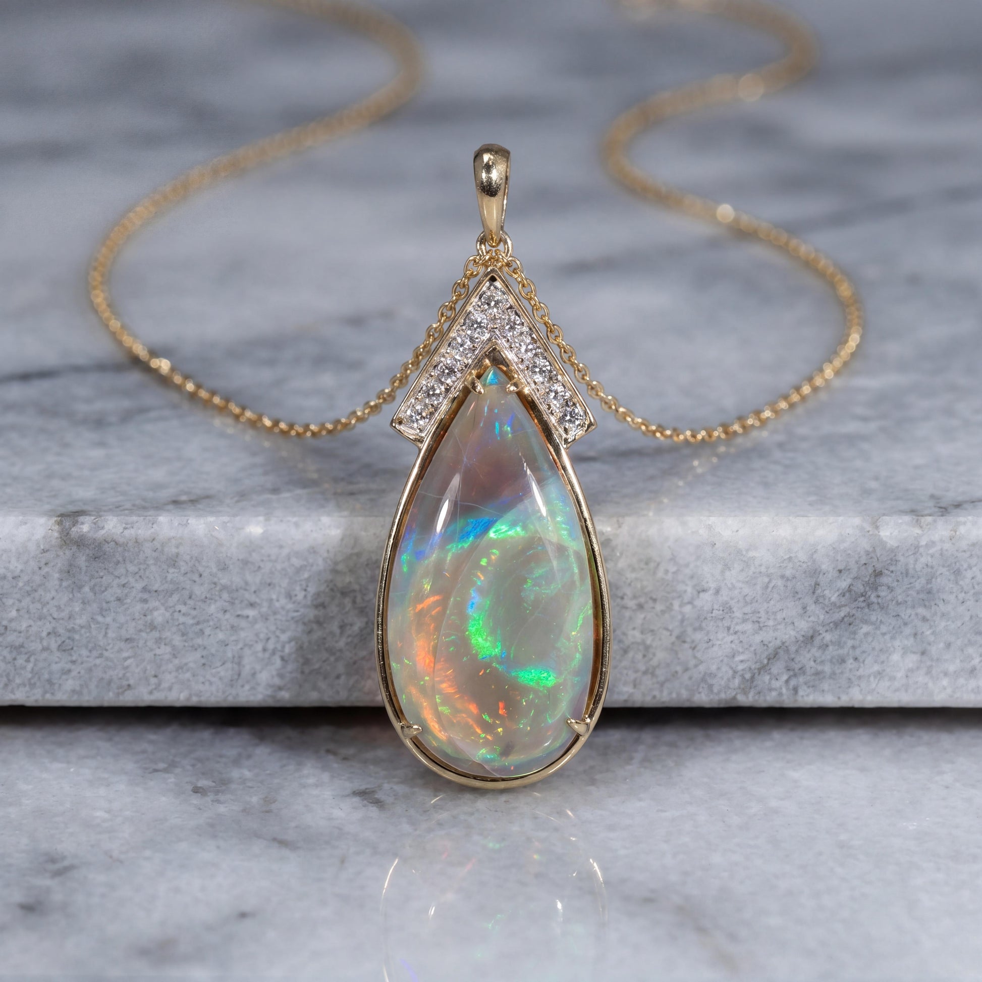 Mid Century 14k Two Tone Grey Based Opal and Diamond Pendant