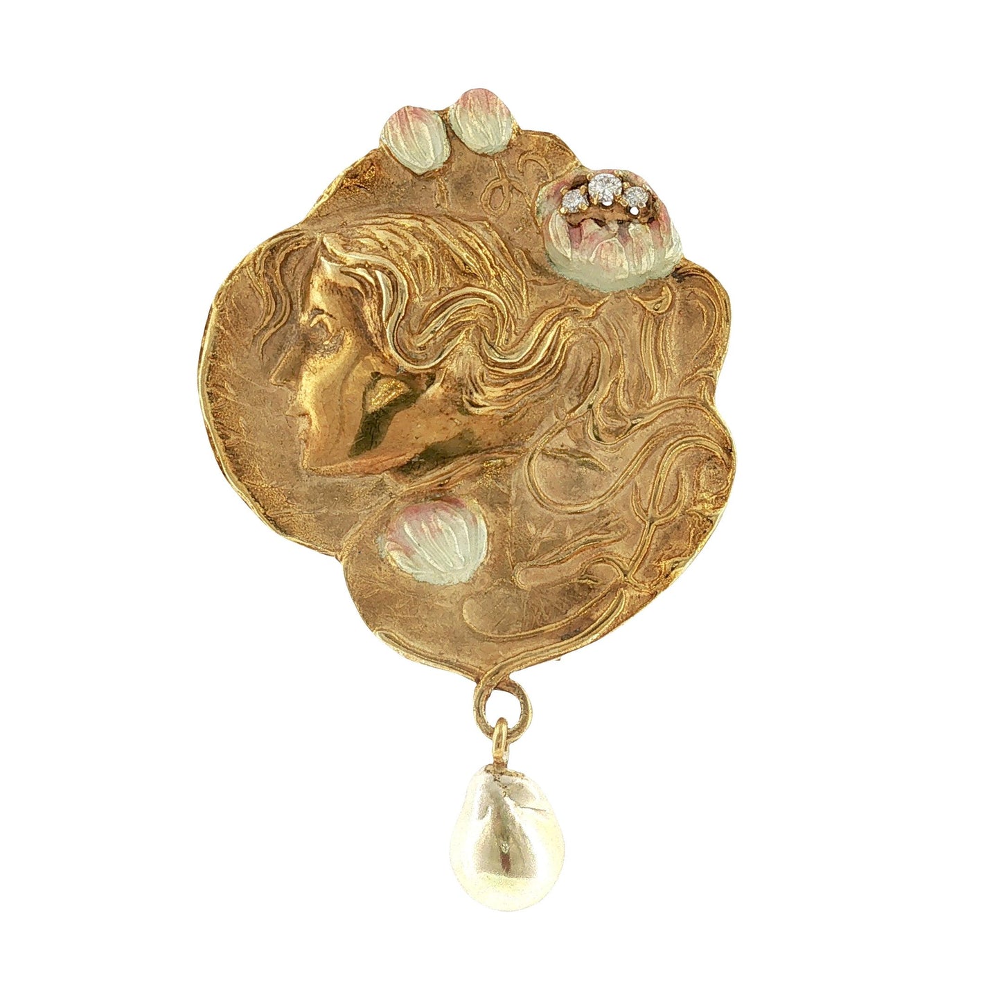14kyg 1960's Art Nouveau Revival Enameled and Diamond Pin/ Pendant