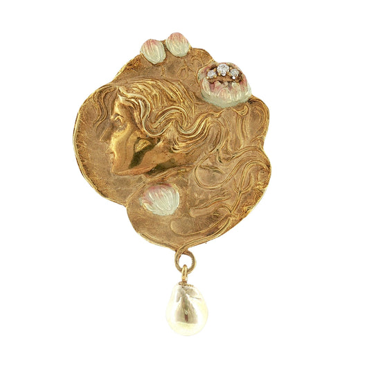 14kyg 1960's Art Nouveau Revival Enameled and Diamond Pin/ Pendant