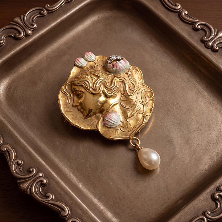14kyg 1960's Art Nouveau Revival Enameled and Diamond Pin/ Pendant