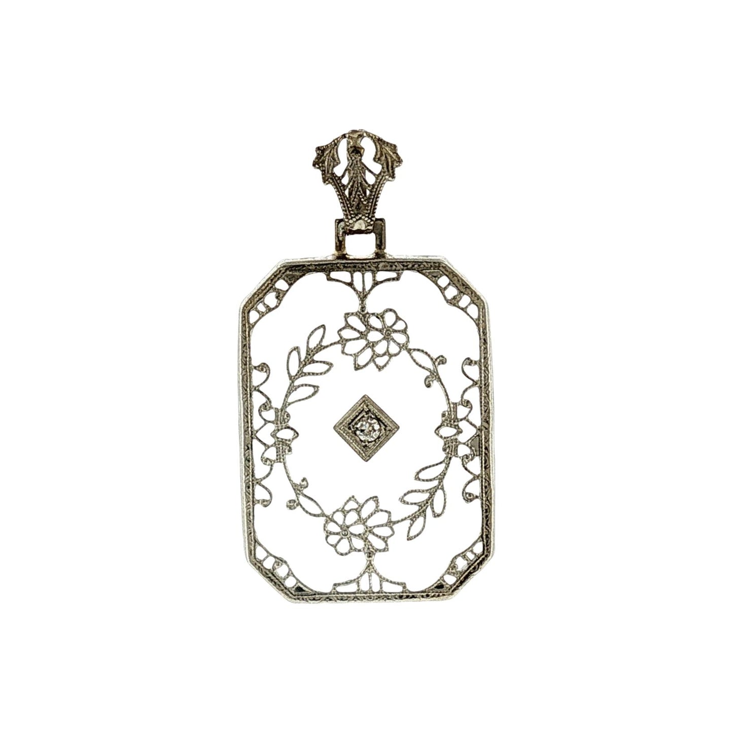 1930's 14k White Gold Camphor Glass and Diamond Filigree Pendant