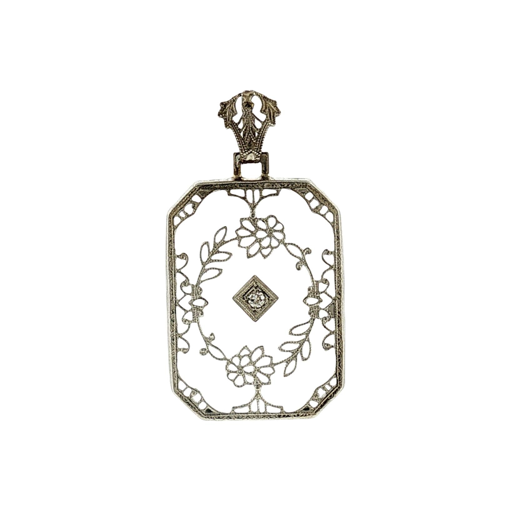 1930's 14k White Gold Camphor Glass and Diamond Filigree Pendant