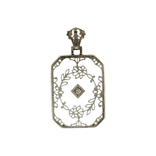 1930's 14k White Gold Camphor Glass and Diamond Filigree Pendant