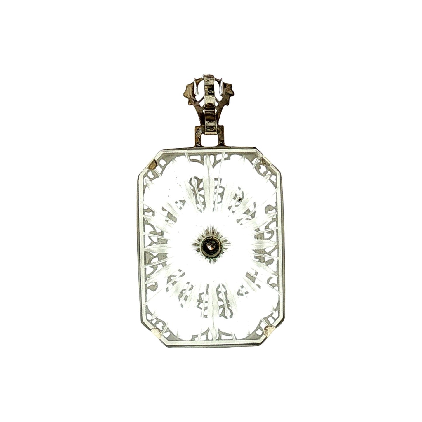 1930's 14k White Gold Camphor Glass and Diamond Filigree Pendant