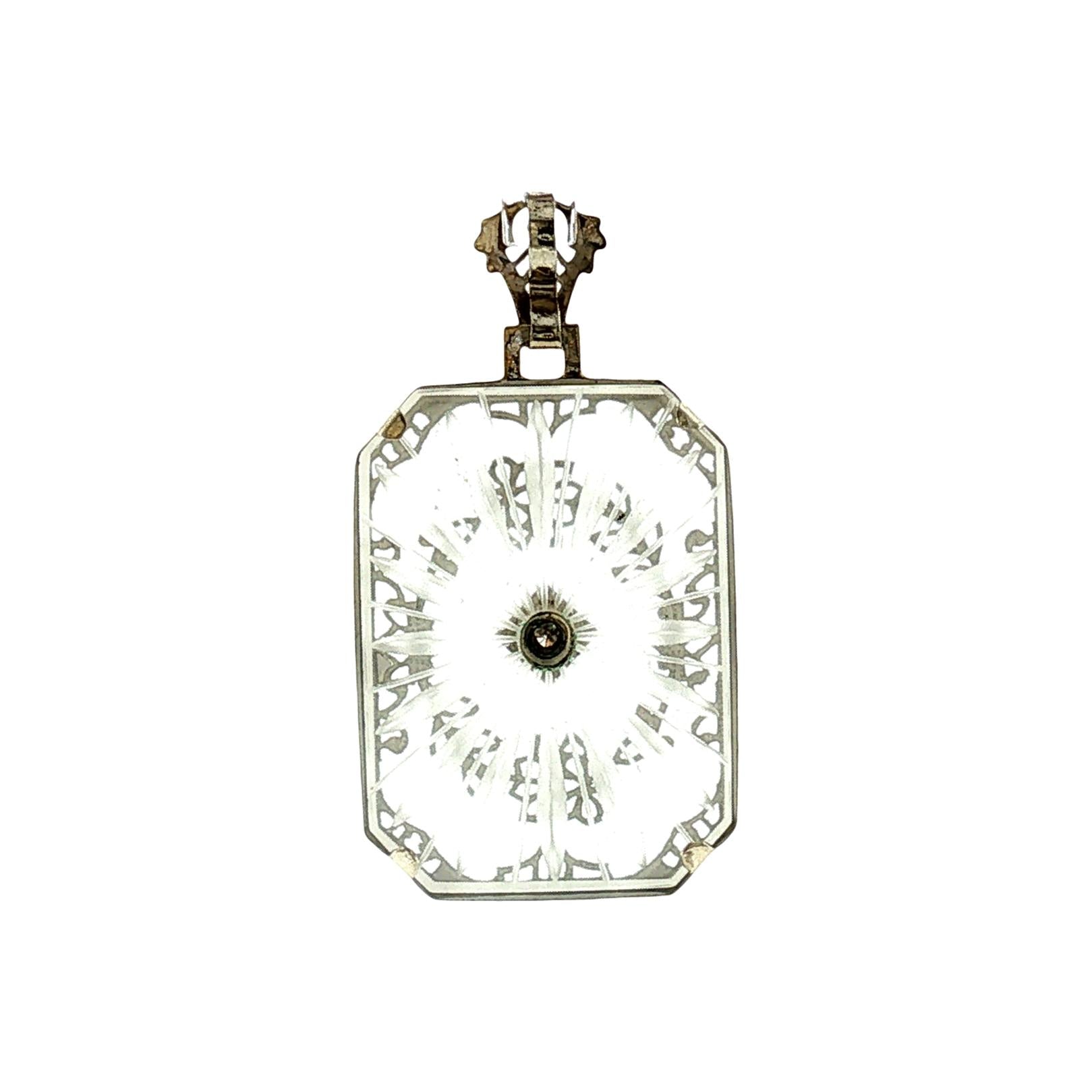 1930's 14k White Gold Camphor Glass and Diamond Filigree Pendant