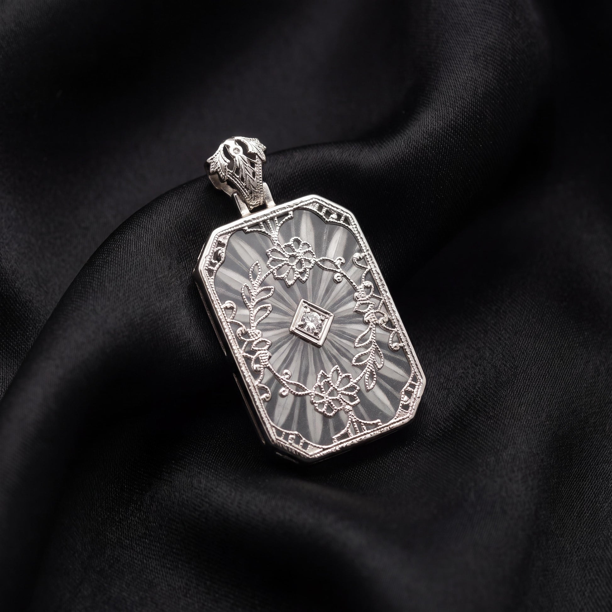 1930's 14k White Gold Camphor Glass and Diamond Filigree Pendant