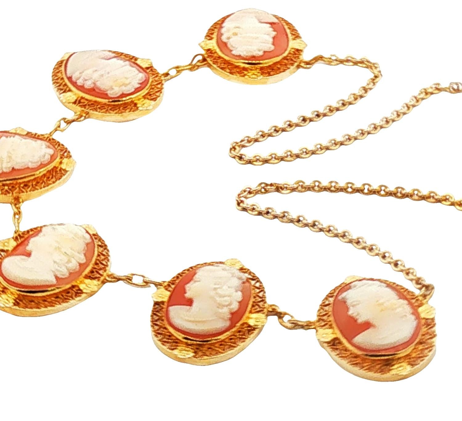 14k yellow gold Six Shell Cameo Filigree 15.5" Necklace
