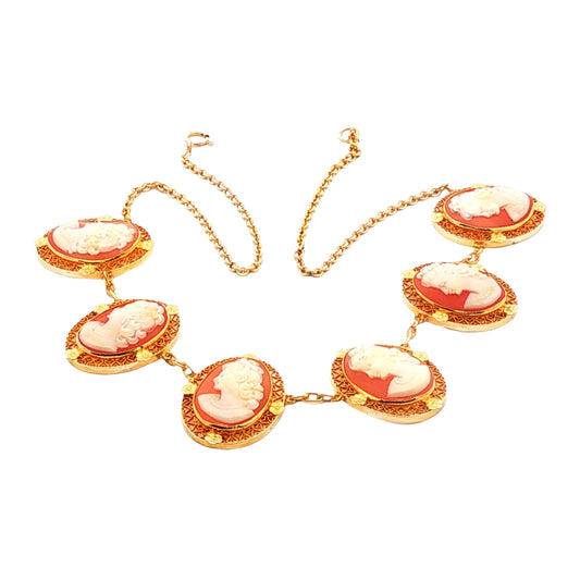 14k yellow gold Six Shell Cameo Filigree 15.5" Necklace
