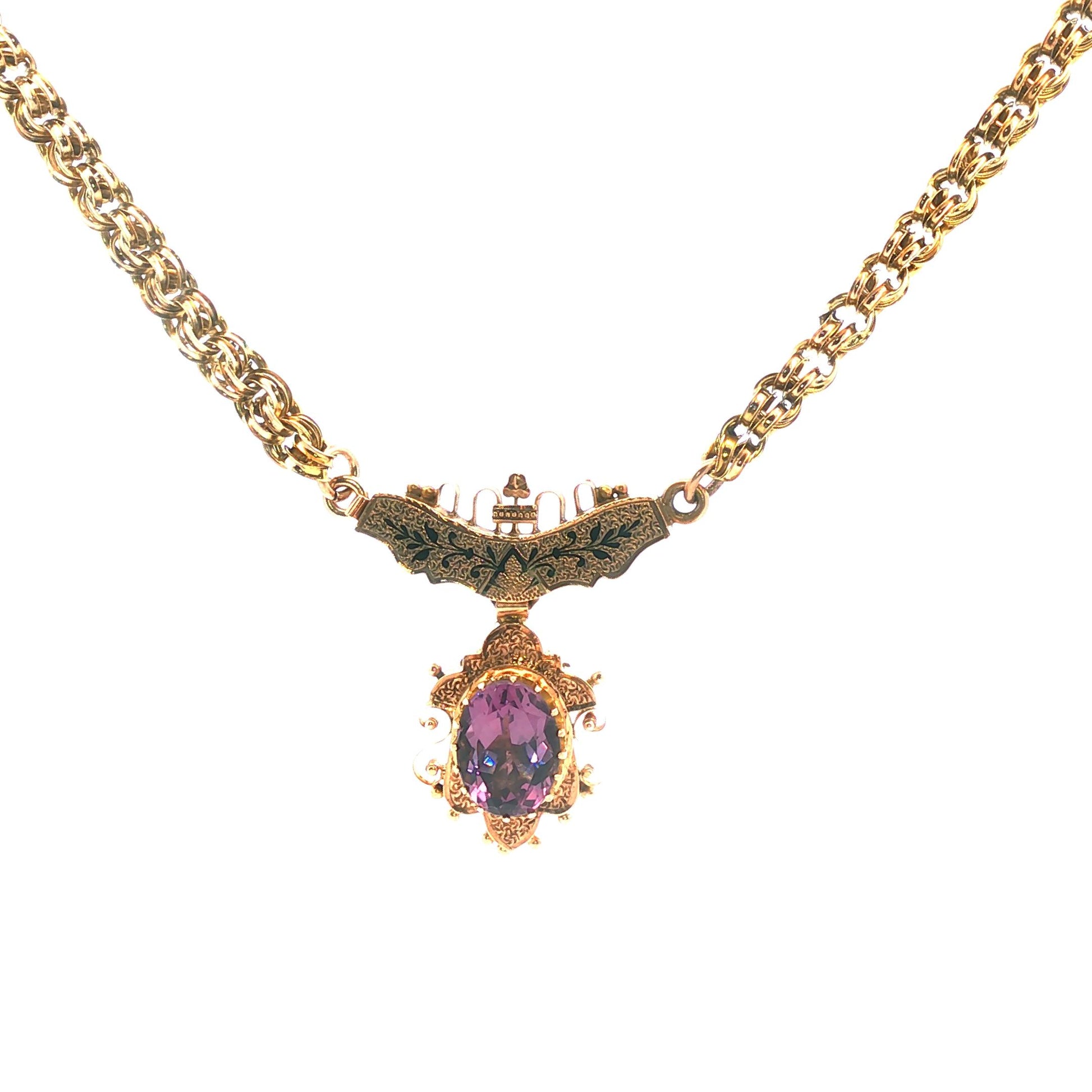 10k yellow gold Victorian Amethyst Black Enameled Necklace and Locket