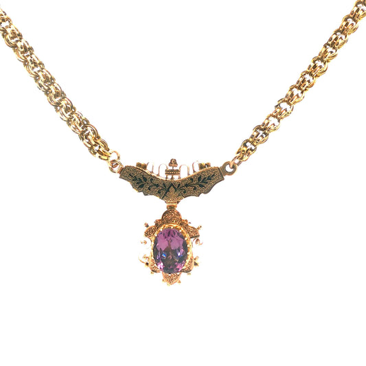 10k yellow gold Victorian Amethyst Black Enameled Necklace and Locket