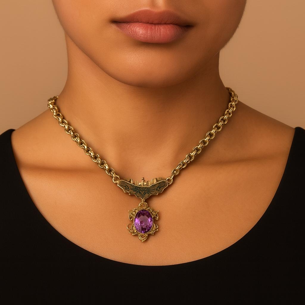 10k yellow gold Victorian Amethyst Black Enameled Necklace and Locket