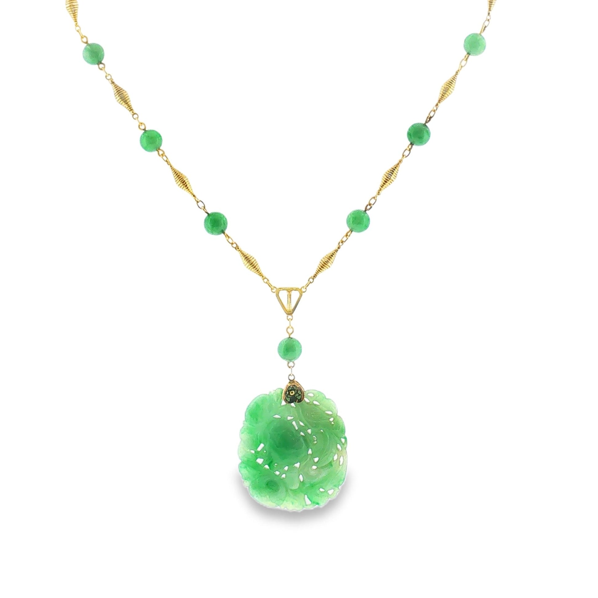 1930's 14k Yellow Gold Carved Jadeite Station Style Necklace