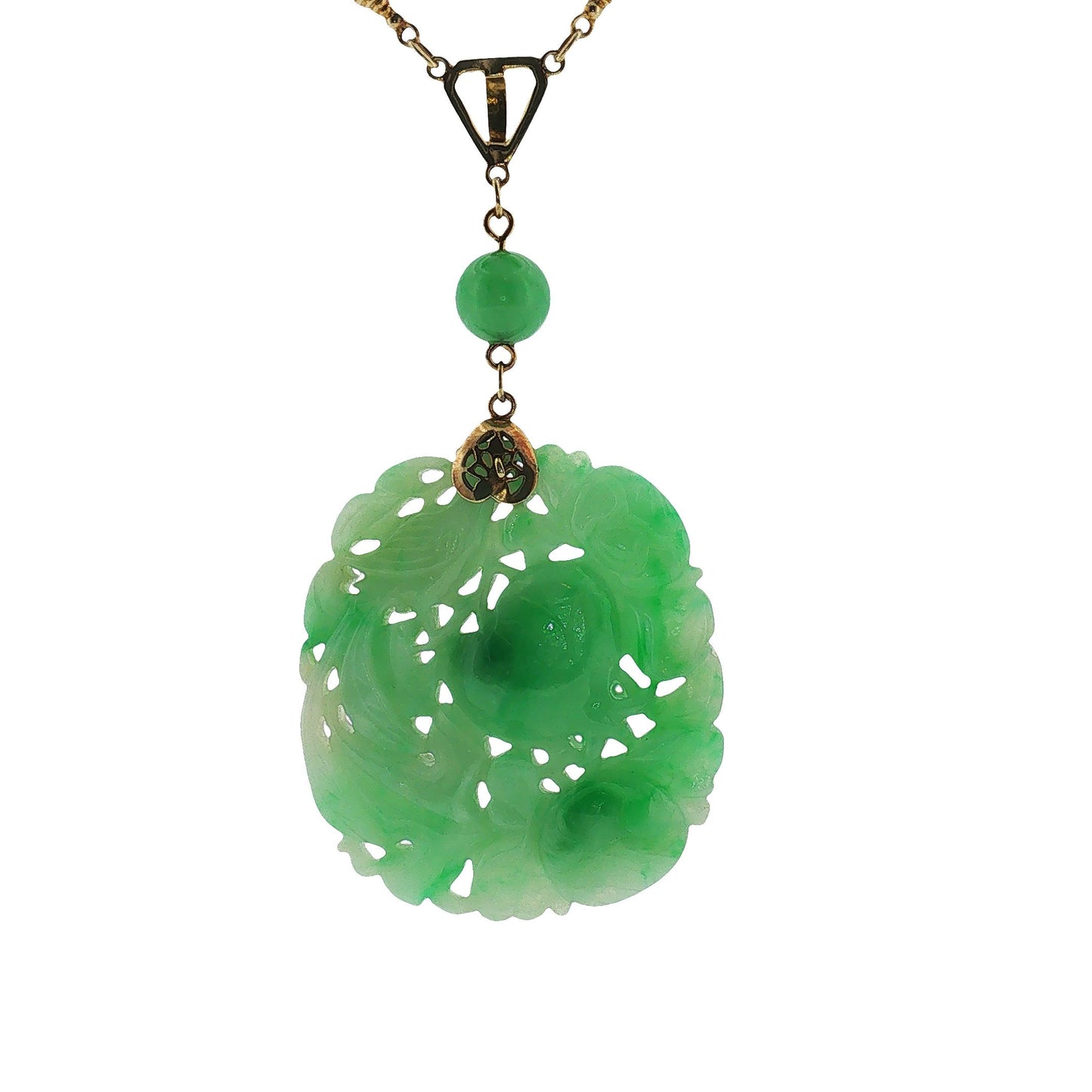 1930's 14k Yellow Gold Carved Jadeite Station Style Necklace