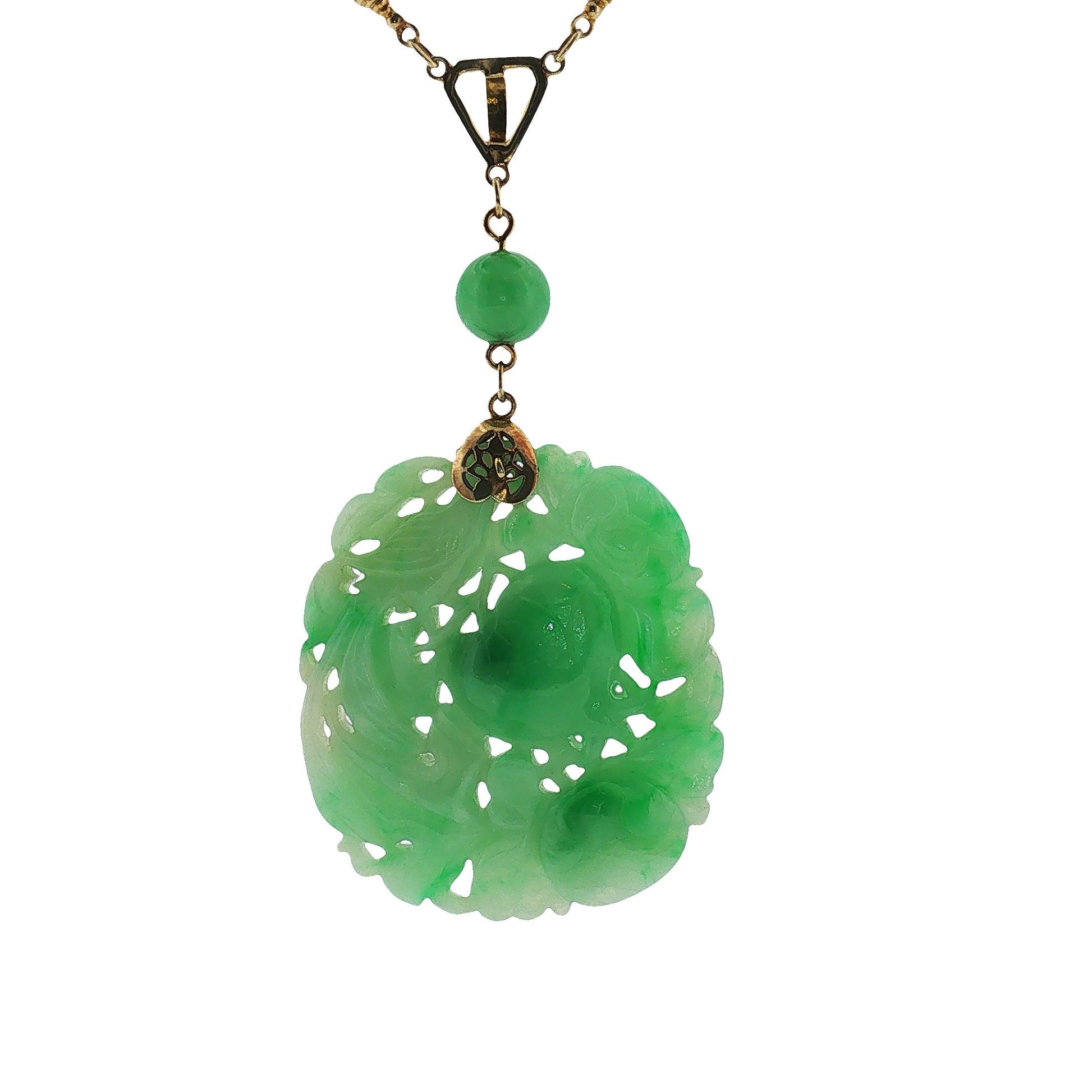 1930's 14k Yellow Gold Carved Jadeite Station Style Necklace