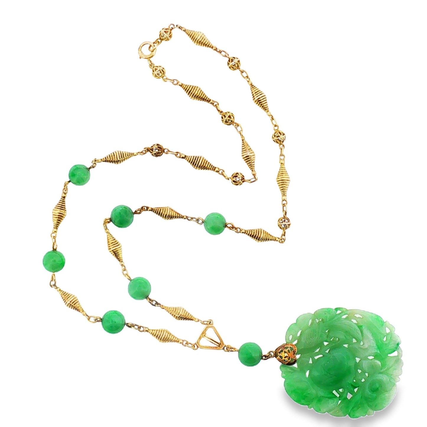 1930's 14k Yellow Gold Carved Jadeite Station Style Necklace