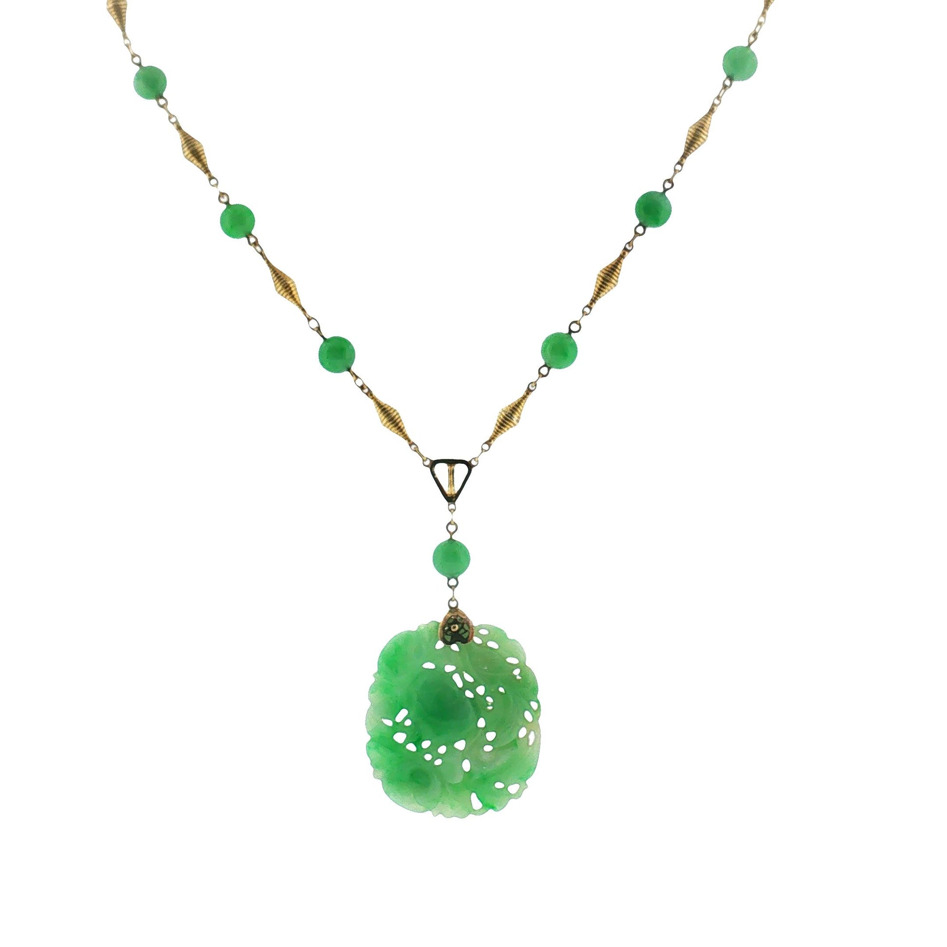 1930's 14k Yellow Gold Carved Jadeite Station Style Necklace