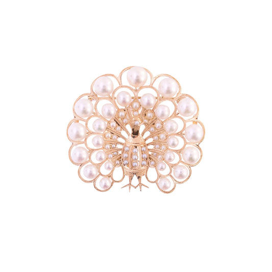 14K Gold Cultured Pearl Peacock Pin/Pendant