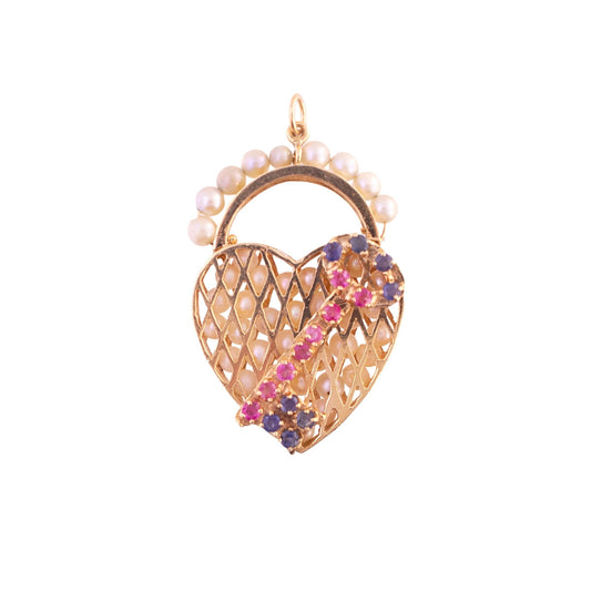 14K Gold Pearl, Ruby and Sapphire Heart and Key Charm