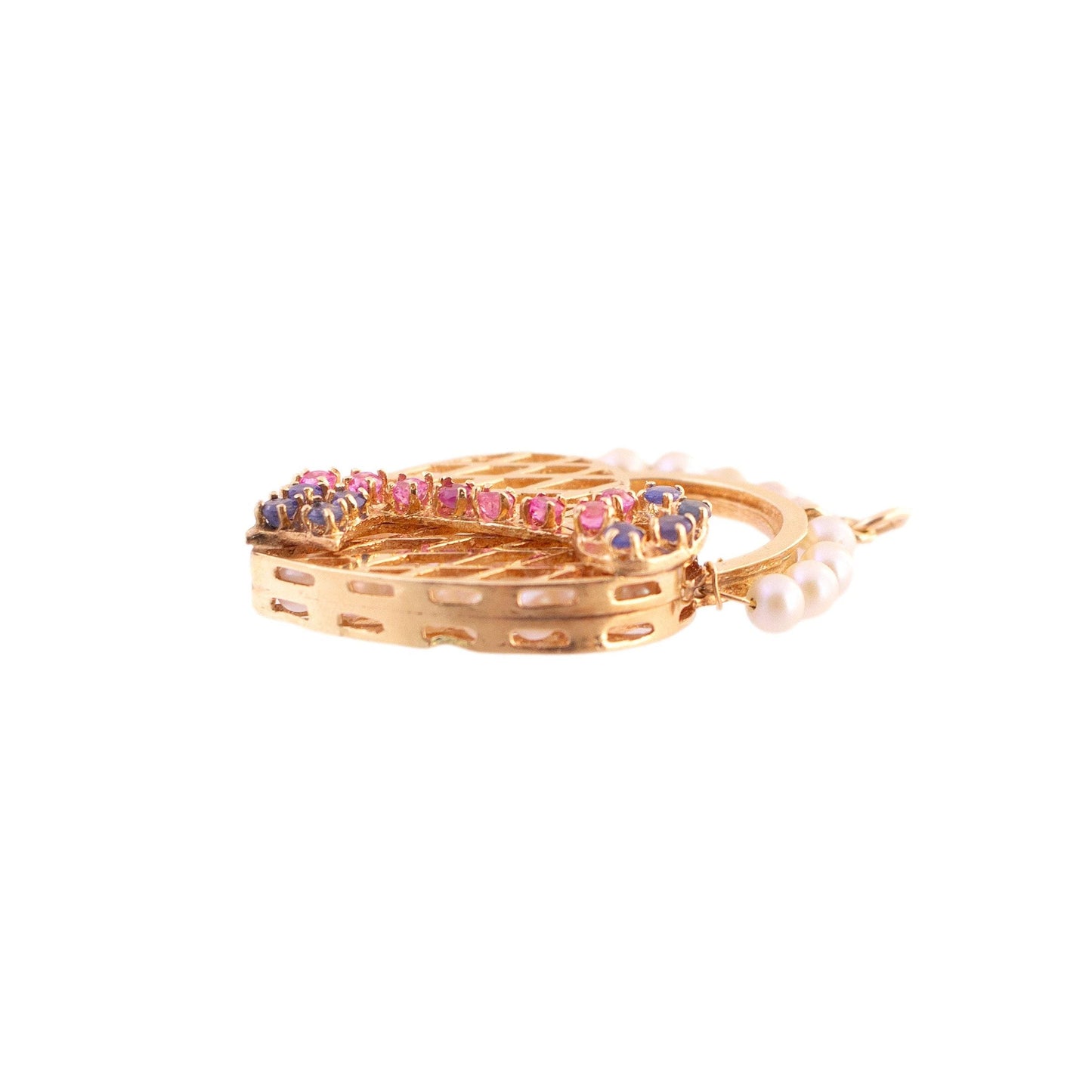 14K Gold Pearl, Ruby and Sapphire Heart and Key Charm