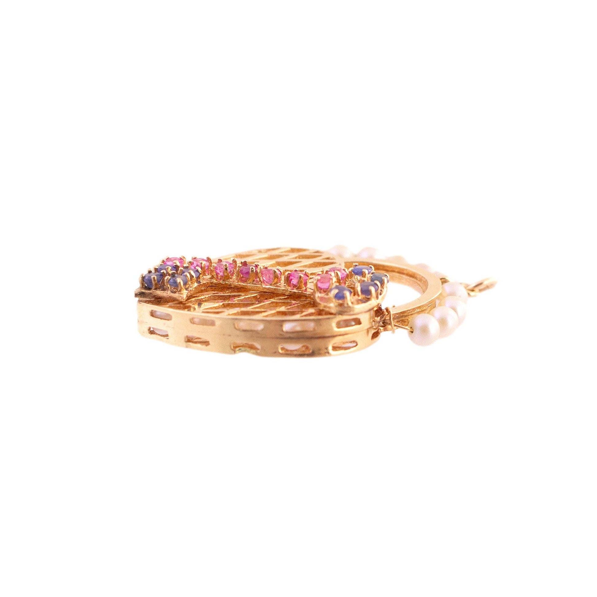 14K Gold Pearl, Ruby and Sapphire Heart and Key Charm