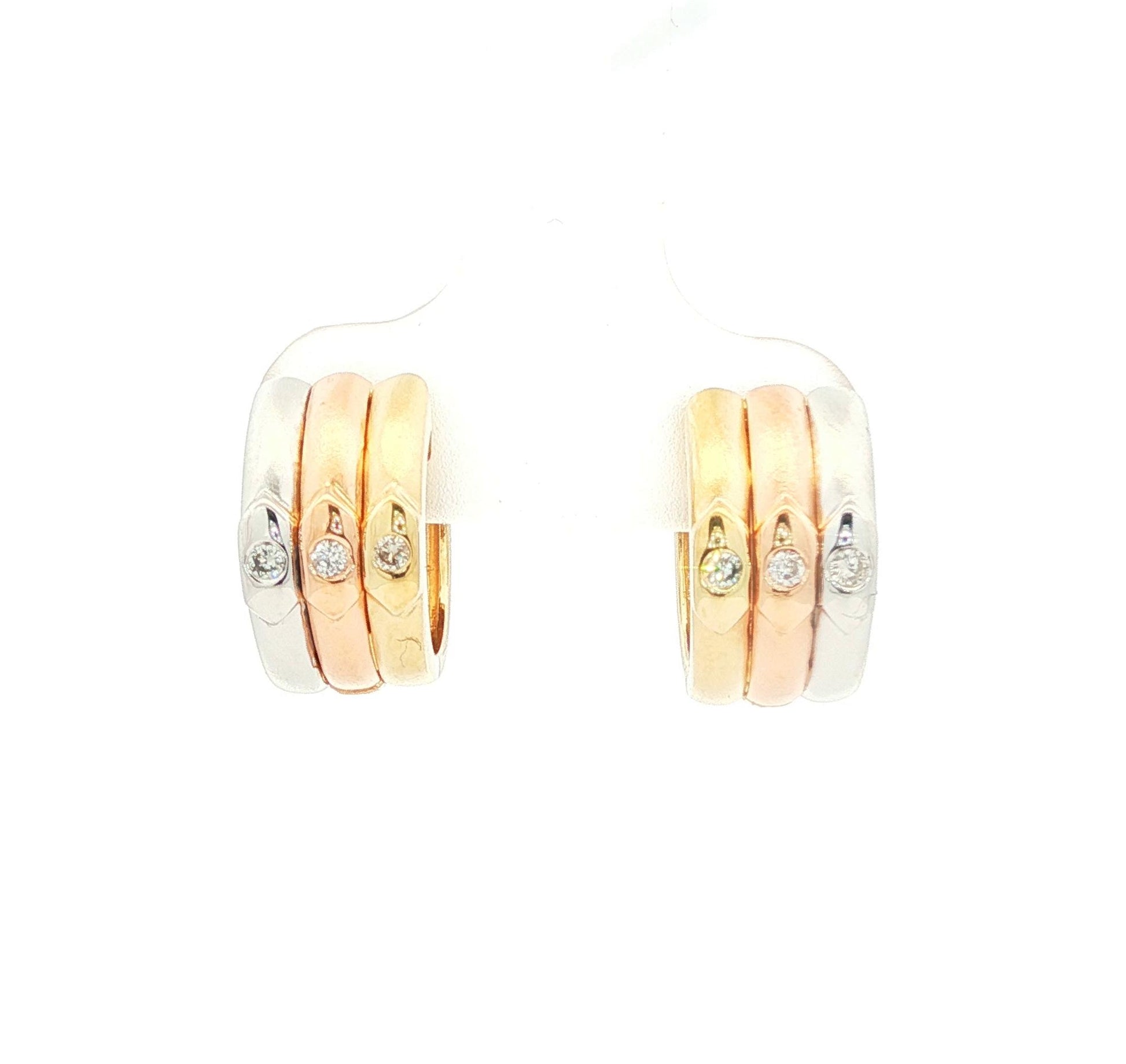 Tri colored 14k hugger style earrings with diamonds