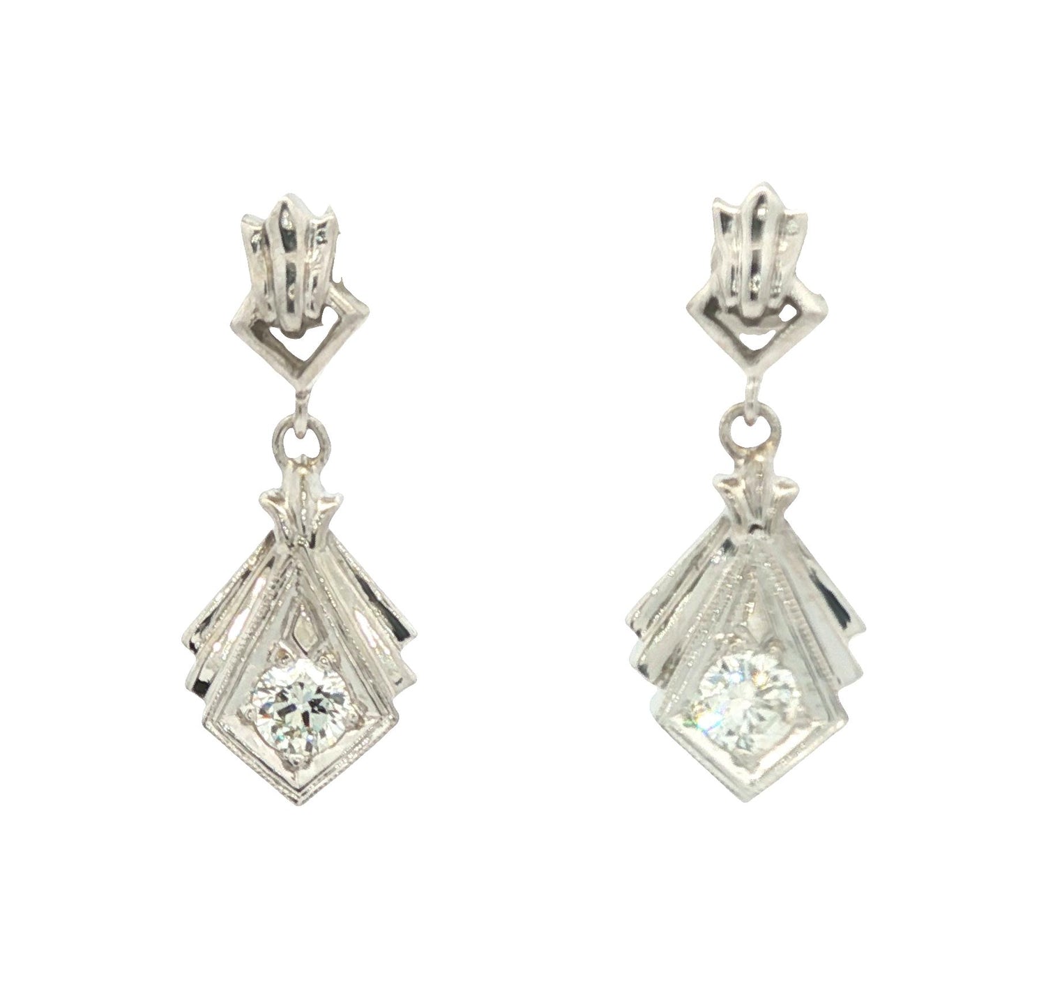 Art Deco 14k white gold Diamond Drop Earrings