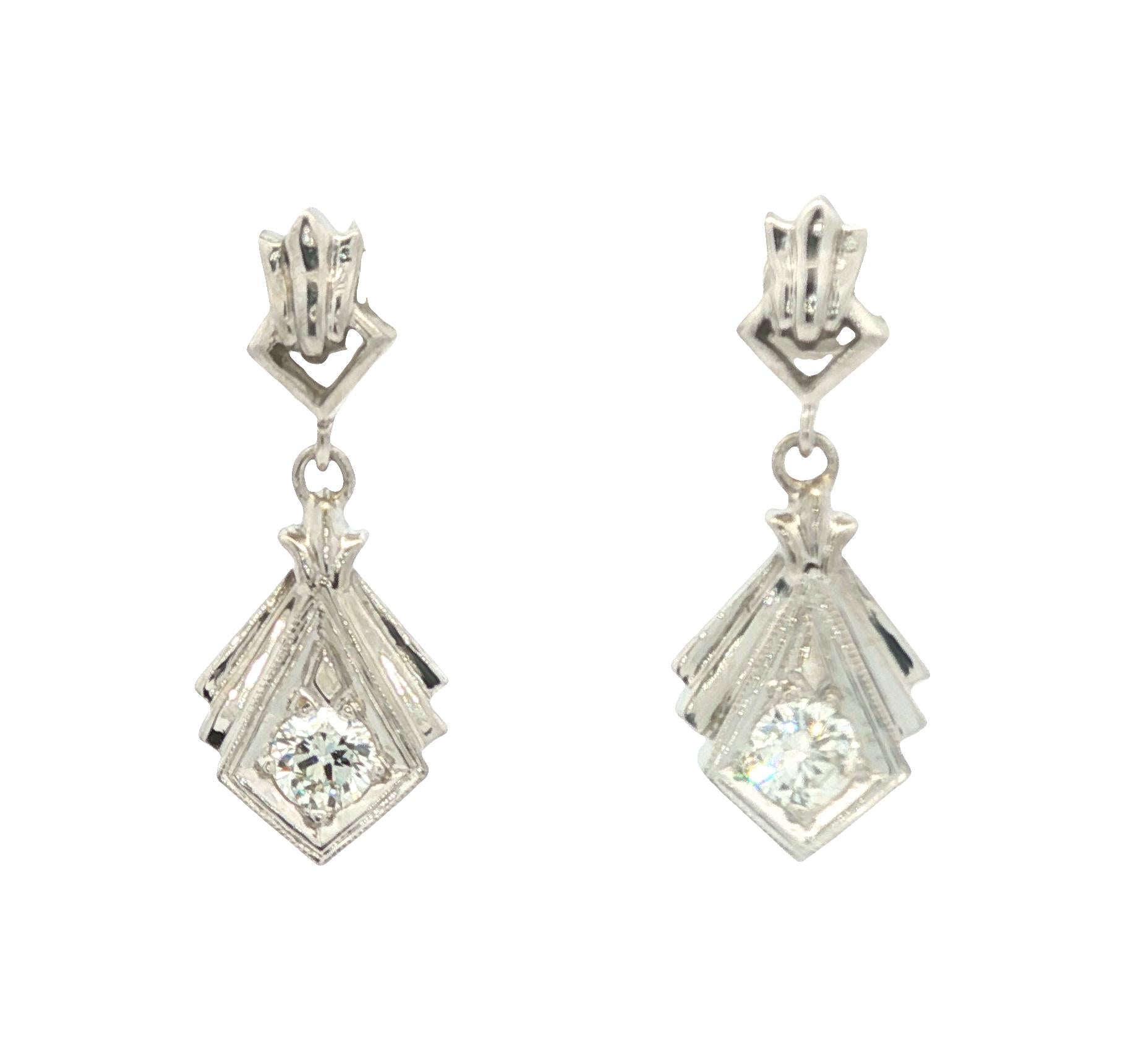 Art Deco 14k white gold Diamond Drop Earrings