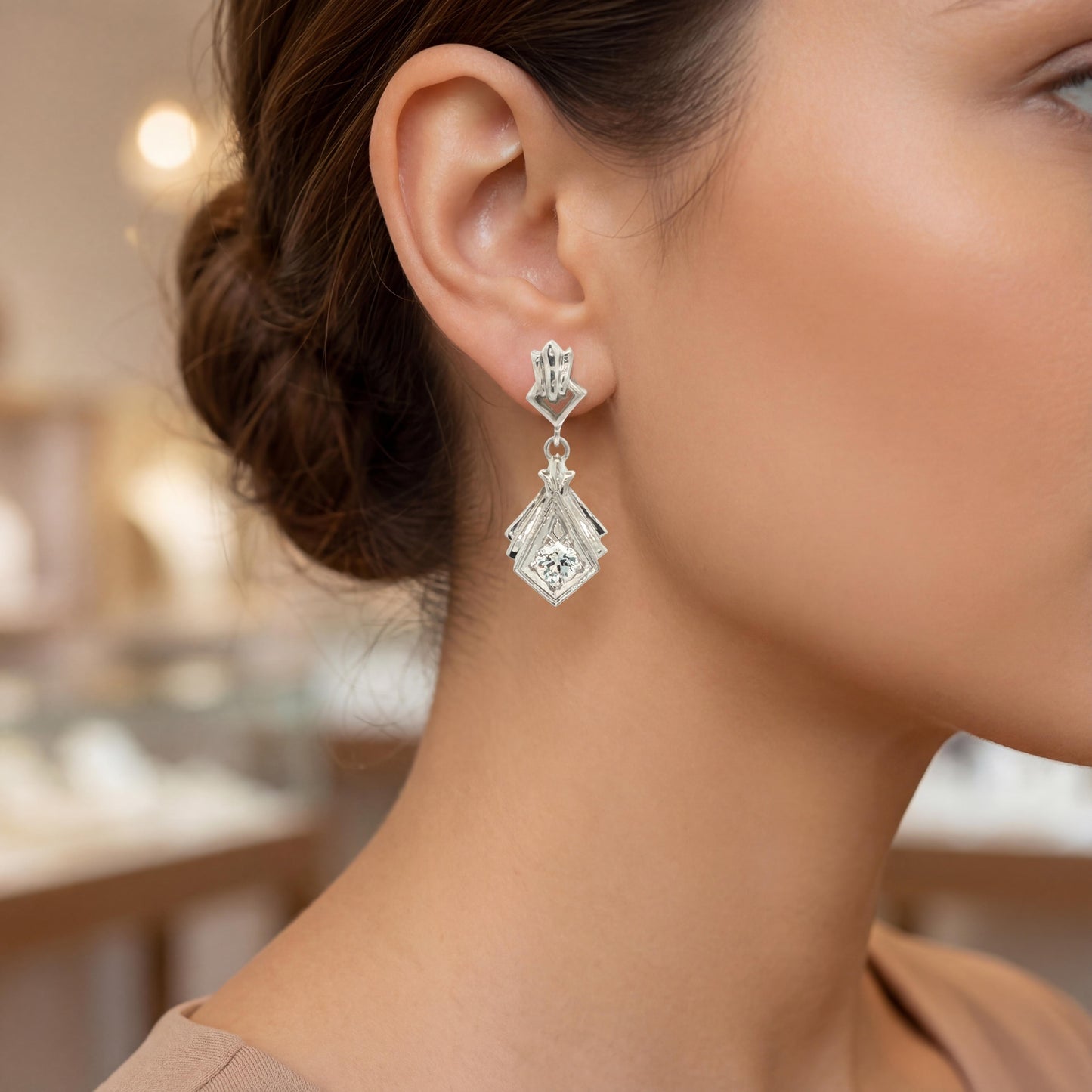 Art Deco 14k white gold Diamond Drop Earrings