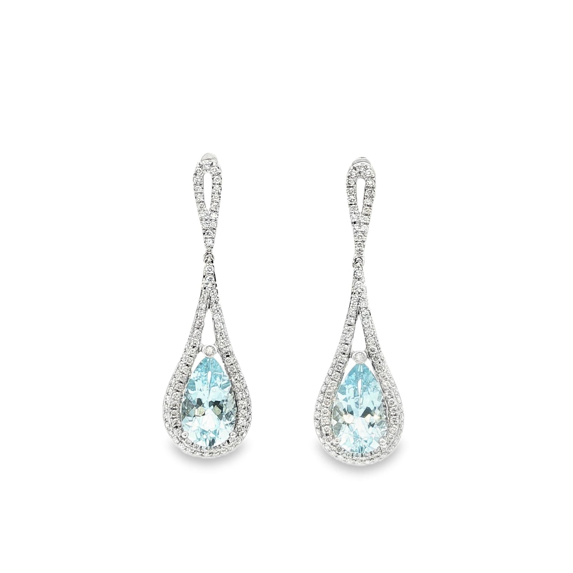 Fine pear shaped Aquamarine and diamond drop earrings