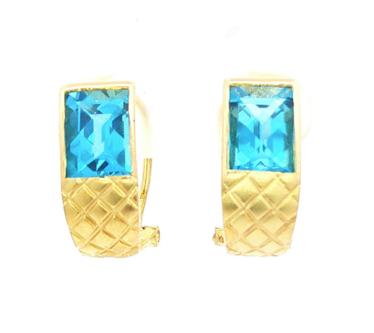 14k yellow gold Rectangular Cut Blue Topaz Quilted Pattern Clip Earrings