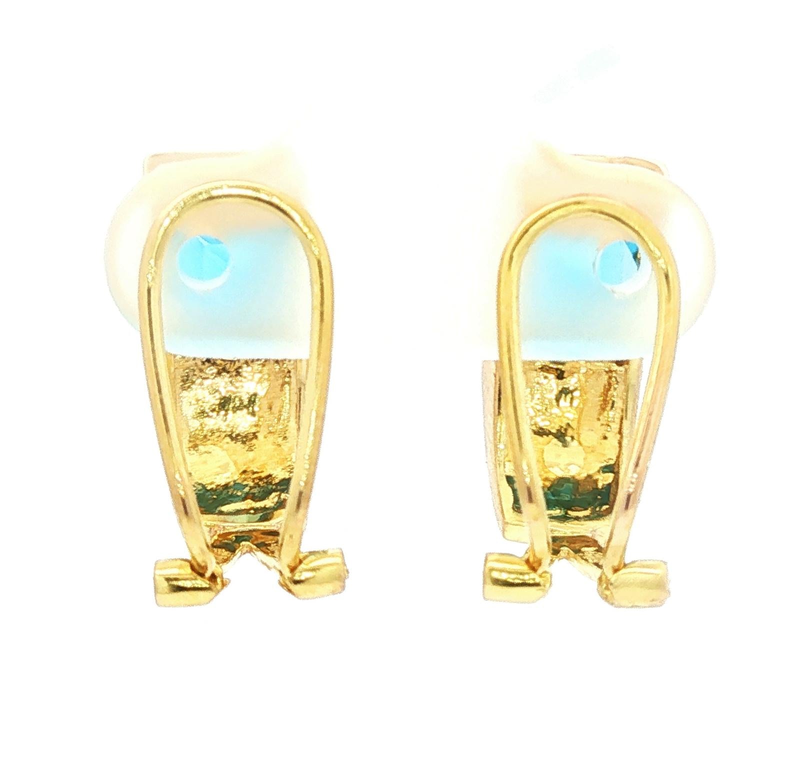 14k yellow gold Rectangular Cut Blue Topaz Quilted Pattern Clip Earrings
