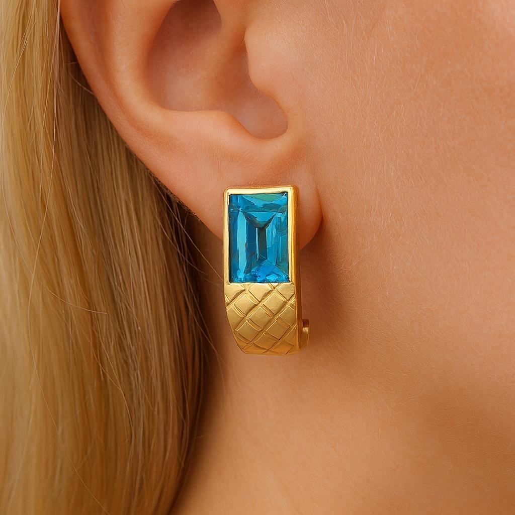 14k yellow gold Rectangular Cut Blue Topaz Quilted Pattern Clip Earrings