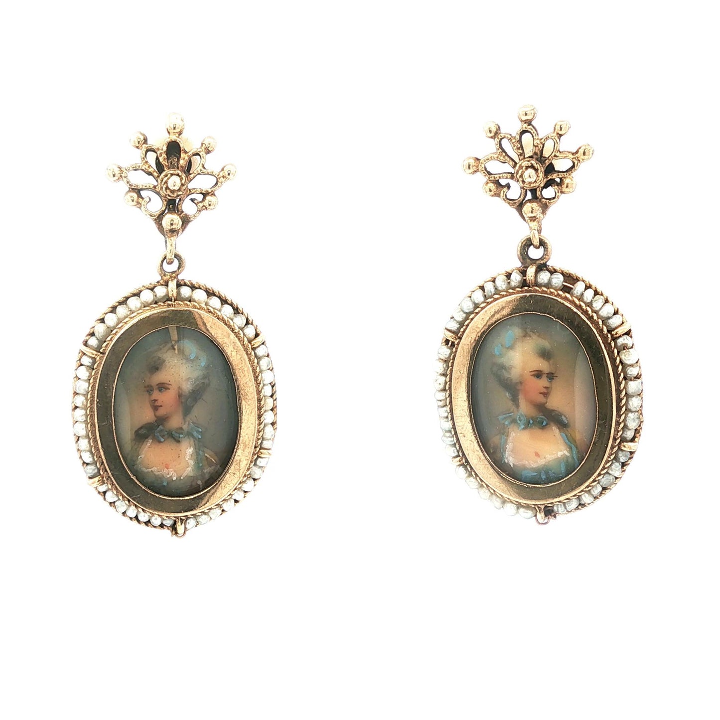 Mid-Century Victorian Style Painted Ladies and Seed Pearl Drop Earrings