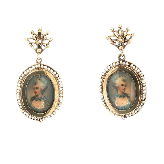 Mid-Century Victorian Style Painted Ladies and Seed Pearl Drop Earrings