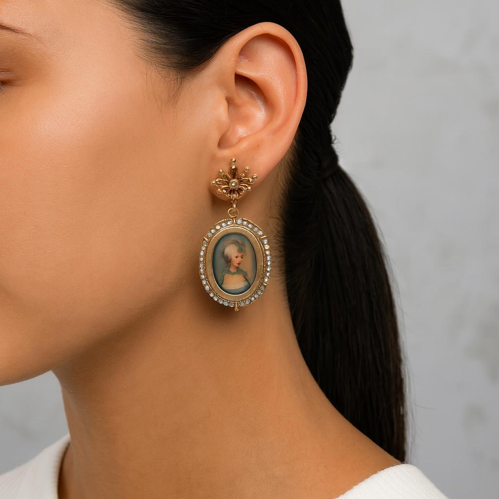 Mid-Century Victorian Style Painted Ladies and Seed Pearl Drop Earrings