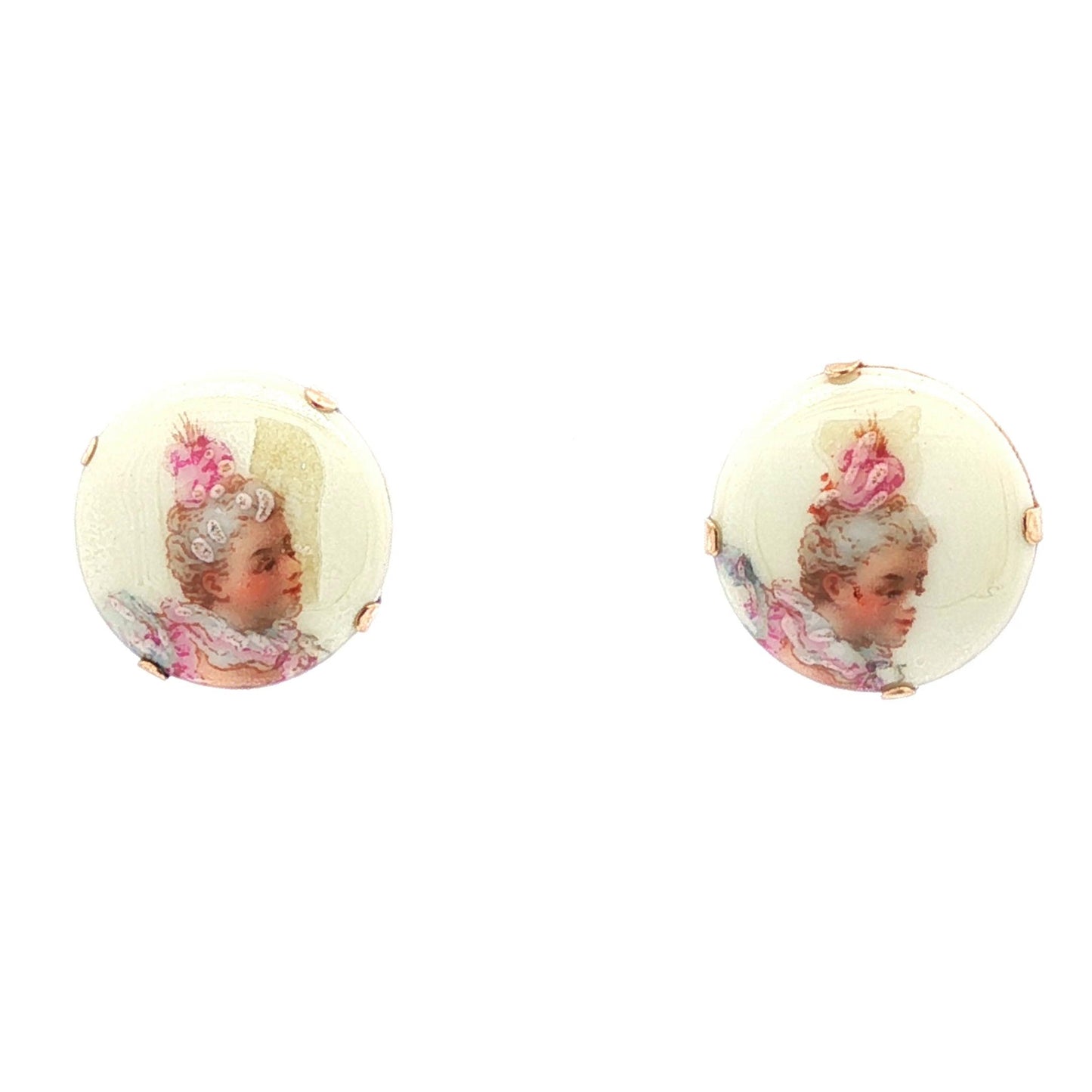 Vintage 10k yellow gold Limoges Hand-painted Porcelain Ladies Button Earrings