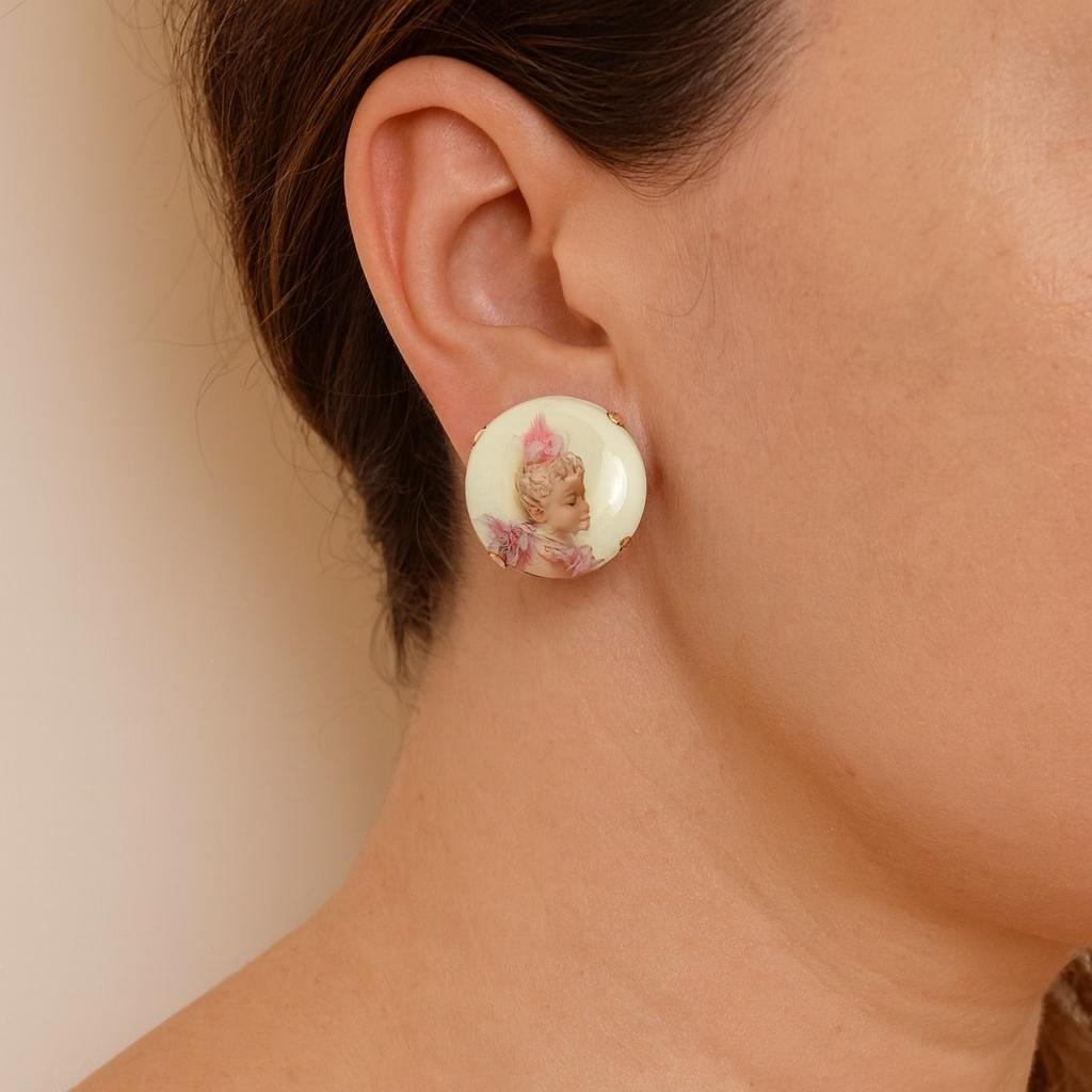 Vintage 10k yellow gold Limoges Hand-painted Porcelain Ladies Button Earrings