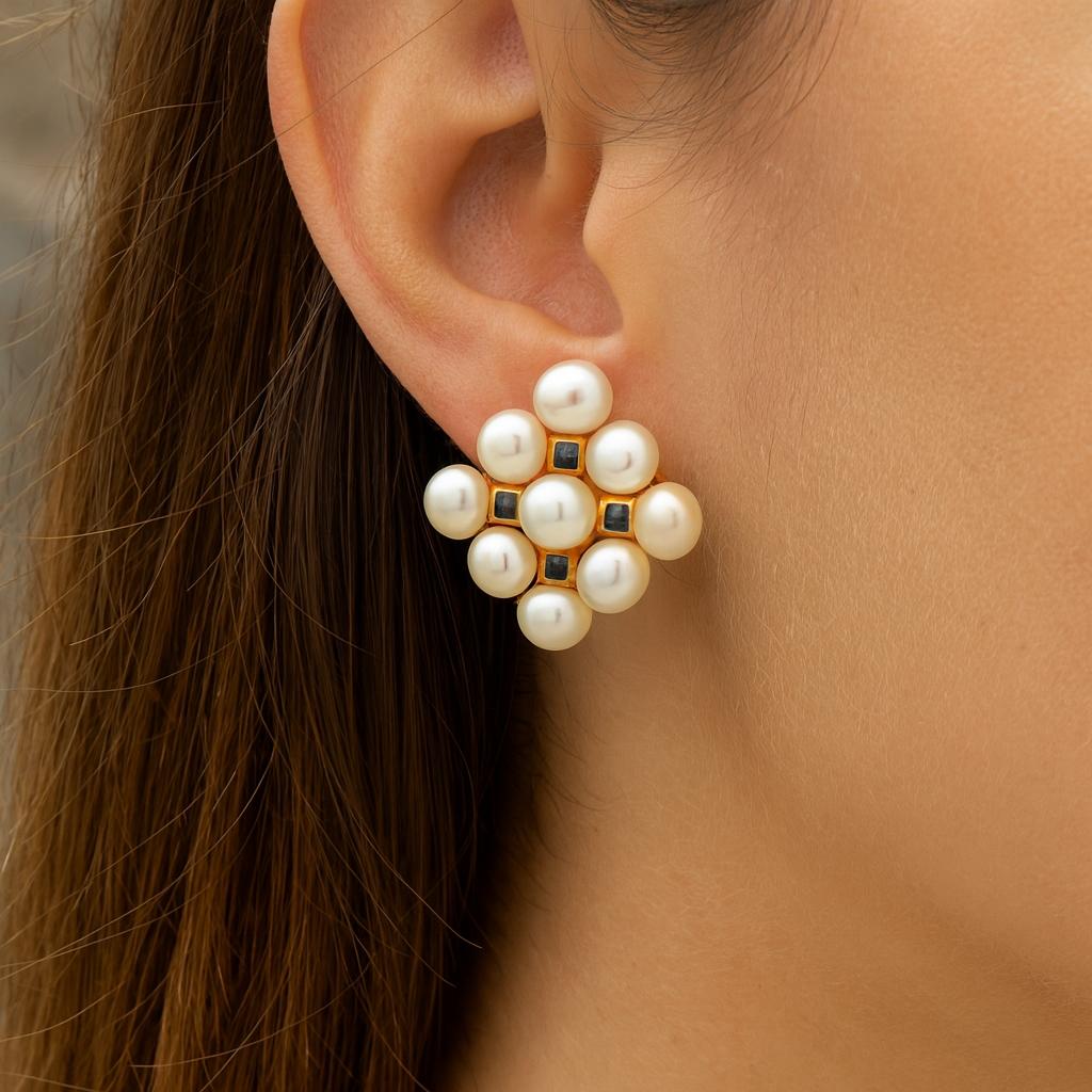 Vintage Freshwater Button Pearl and Sapphire Square 14k Earring