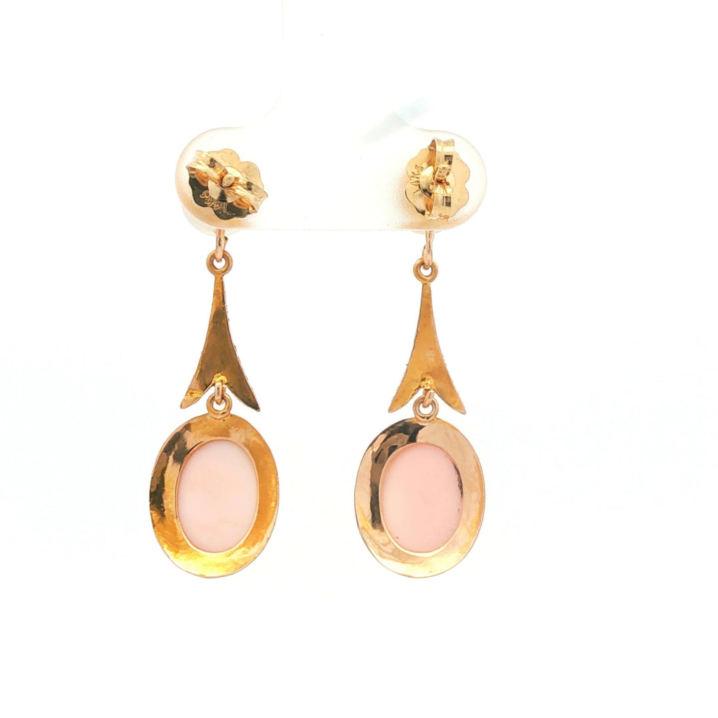 Victorian 10k yellow gold Pink Shell Cameo and Cultured Pearl Drop Earrings